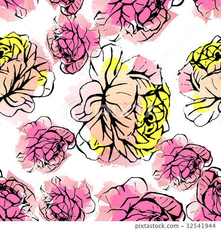 Hand drawn vector seamless pattern of rose flowers - Stock Illustration ...