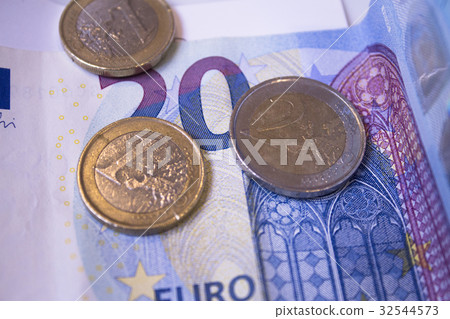 Euro banknote and coins Euro banknote and coins 32544573