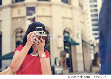 Adult Woman With Camera Capture Snap Shot Outdoor Activity Adult Woman With Camera Capture Snap Shot Outdoor Activity 32547048