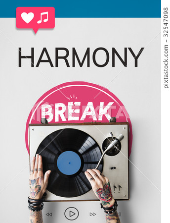 Hands working on music device network graphic overlay background 32547098