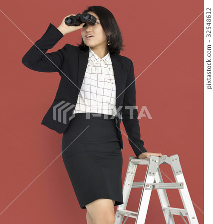 Asian Business Woman Ladder Binoculars 32548612