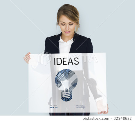 Woman holding banner of creative ideas digital technology light bulb 32548682