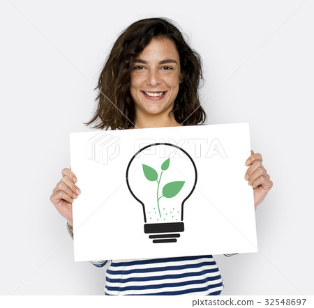 Woman holding billboard network graphic overlay 32548697