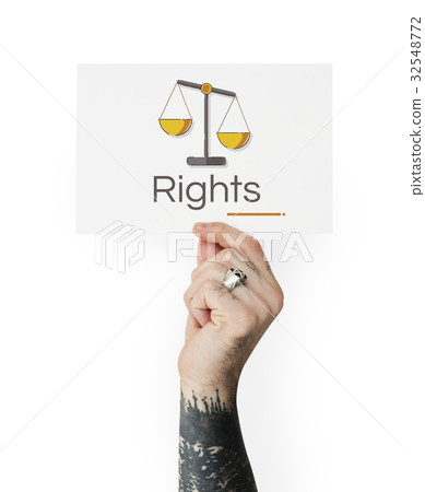 Hand holding banner of justice scale rights and law illustration 32548772