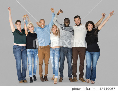 Happiness group of people huddle and arms raised smiling together 32549067