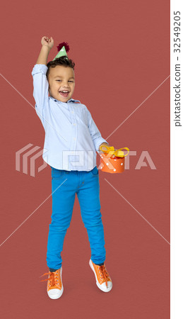 Little Boy with Gift Party Hat Studio Portrait Little Boy with Gift Party Hat Studio Portrait 32549205