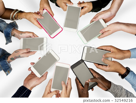 Group of people using mobile phone with blank screen Group of people using mobile phone with blank screen 32549216
