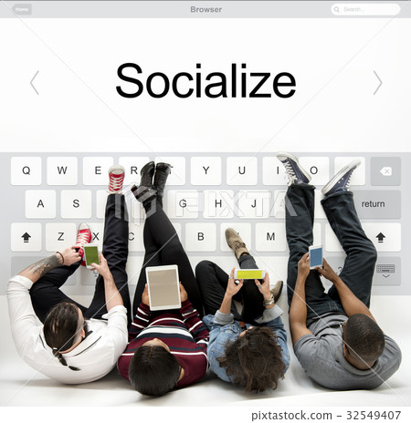 People using smartphones network graphic overlay background on floor 32549407