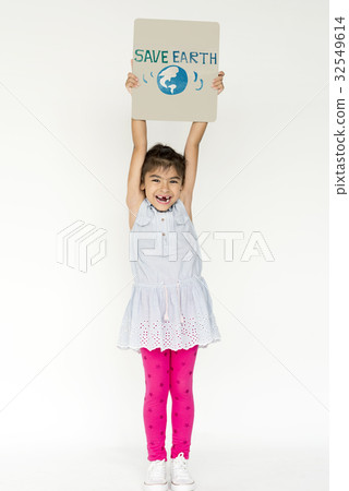 Little Girl with Recycle Sign Eco Friendly Save Earth Word Graphic Little Girl with Recycle Sign Eco Friendly Save Earth Word Graphic 32549614