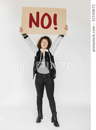 Woman hold caution alert sign Woman hold caution alert sign 32549672