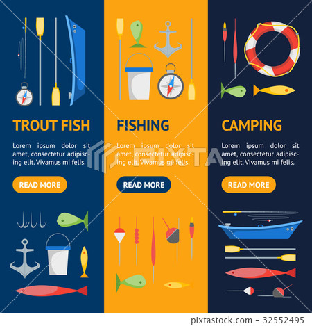 Cartoon Fishing Banner Vecrtical Set. Vector 32552495