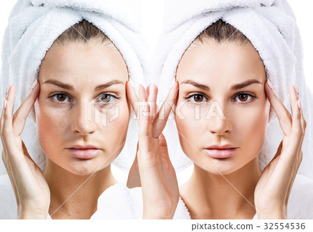 Young woman face before and after retouch. 32554536