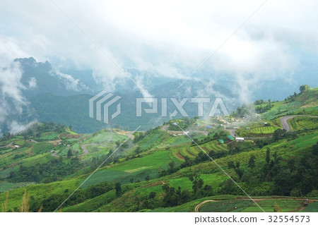 Morning mountain landscape with waves of fog  32554573