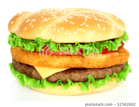 Big hamburger with chicken and beef cutlets Big hamburger with chicken and beef cutlets 32562602