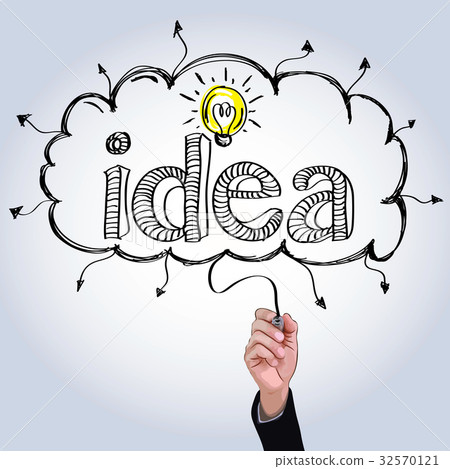 Hand drawing idea with light bulb in cloud Hand drawing idea with light bulb in cloud 32570121