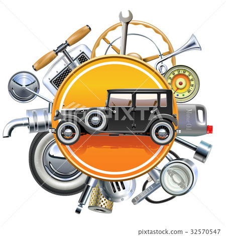 Vector Retro Car Parts with Old Automobile 32570547