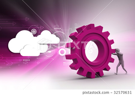 Man pushing gear wheel in color background Man pushing gear wheel in color background 32570631