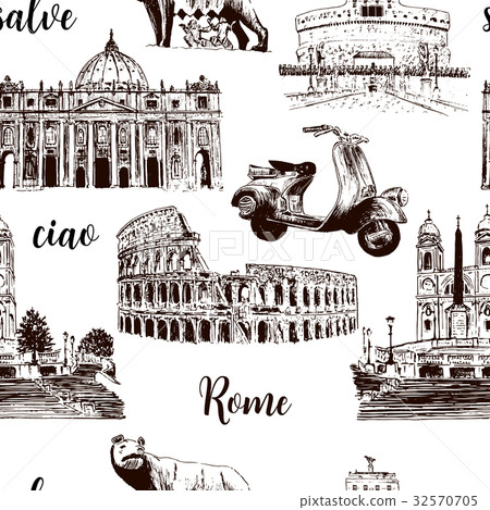 Rome sightseeing seamless pattern set. sketch Rome sightseeing seamless pattern set. sketch 32570705