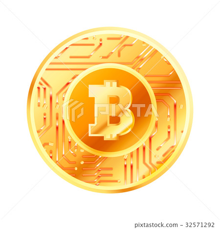 golden coin with microchip and Bitcoin sign 32571292