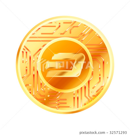 golden coin with microchip and Dash sign golden coin with microchip and Dash sign 32571293