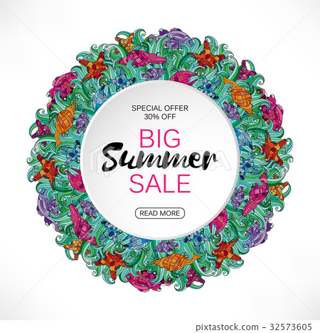Summer sale round frame of sea shells and - Stock Illustration ...