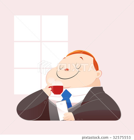 A happy fat business man drinking hot coffee 32575553