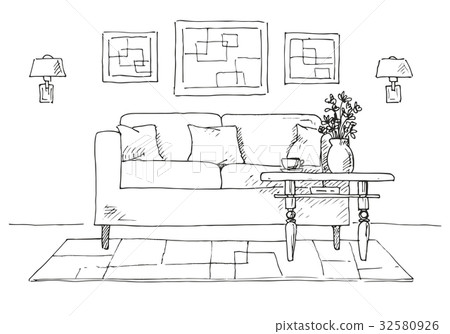 Sofa, table, lamp, flower and picture. Sofa, table, lamp, flower and picture. 32580926