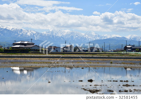 立山山脈和春天的鄉村風景（富山） 32581455
