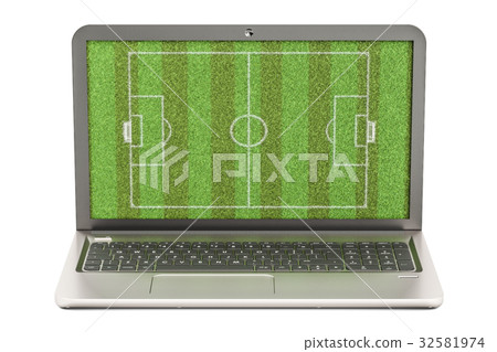 laptop with soccer field, 3D rendering 32581974