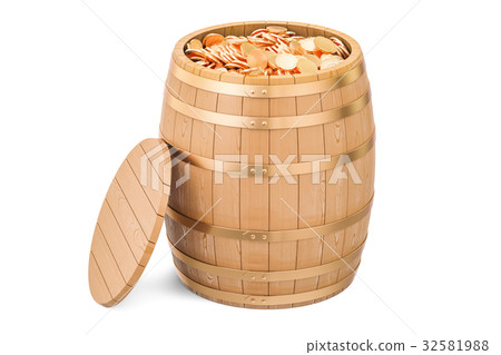 Wooden barrel full of gold coins, 3D rendering 32581988