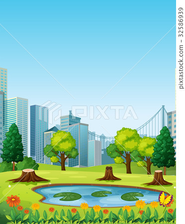 City scene with park and buildings City scene with park and buildings 32586939