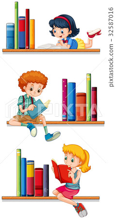 Children reading books on shelves 32587016