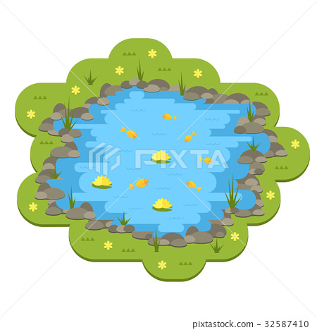 插图素材: cartoon vector garden pond with water, plants and