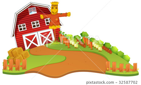 Farm scene with scarecrow and vegetables garden Farm scene with scarecrow and vegetables garden 32587702