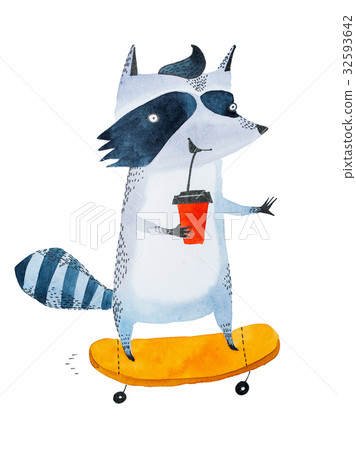 Stylish teenage raccoon drinking coffee to go from 32593642