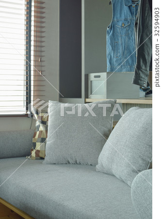 Gray color cushion with wooden bade and pillows 32594903