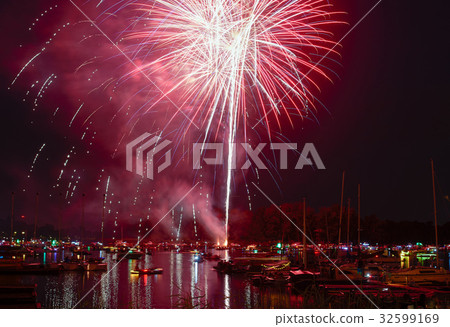 Fireworks of summer holiday in a city. Fireworks of summer holiday in a city. 32599169