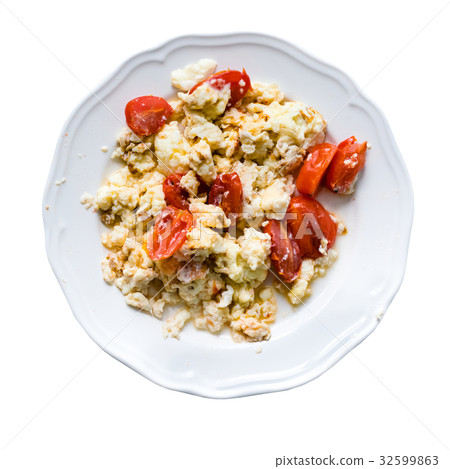 Fried eggs with slices of tomatoes in plate Fried eggs with slices of tomatoes in plate 32599863