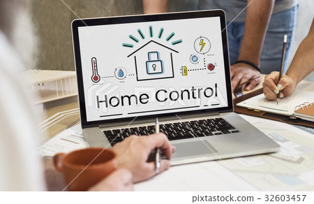 Illustration of smart house invention automation technology on laptop Illustration of smart house invention automation technology on laptop 32603457