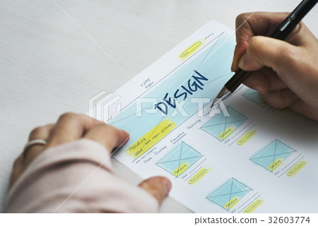 Hands working on paper network graphic overlay Hands working on paper network graphic overlay 32603774