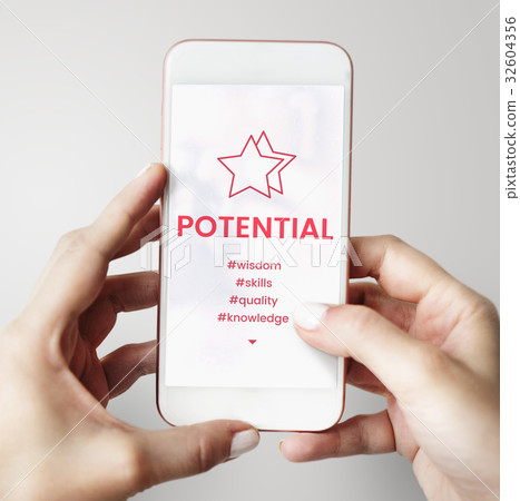 Hands holding smart phone with star development icon Hands holding smart phone with star development icon 32604356