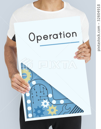 man holding advertising banner with operation word 32604918