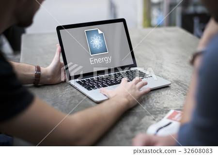 Man working on laptop network graphic overlay 32608083