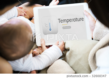 Parent using digital device with child network graphic overlay 32608347