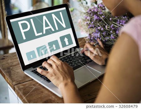 Woman working on laptop network graphic overlay 32608479