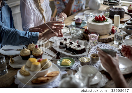 People celebrate birthday party with cake People celebrate birthday party with cake 32608657