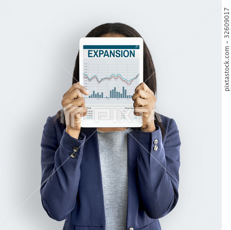 Woman holding network graphic overlay digital device covering face Woman holding network graphic overlay digital device covering face 32609017