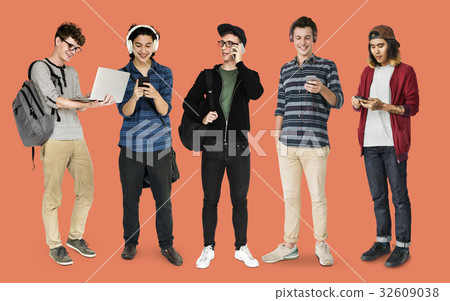 Diverse of Young Men Using Digital Devices Communication Studio Isolated 32609038