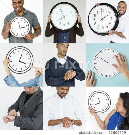 Set of Diverse People With Time Management Studio Collage Set of Diverse People With Time Management Studio Collage 32609339