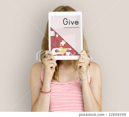 Woman holding network graphic overlay digital device Woman holding network graphic overlay digital device 32609349